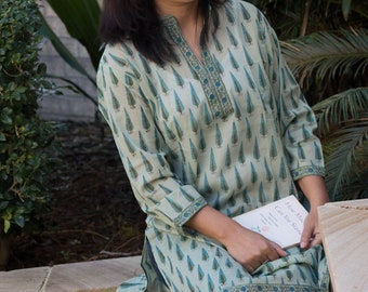 Earthy Blue Beachwear Malmal Cotton Tunic, Hand block print kurta