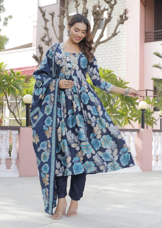 floral silk anarkali dress Blue Floral Maslin Silk Anarkali Suit - Set of 3