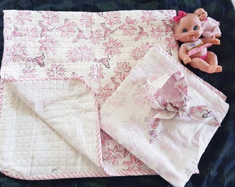 Cotton quilted baby blanket, block print dohar swaddle and a hairband