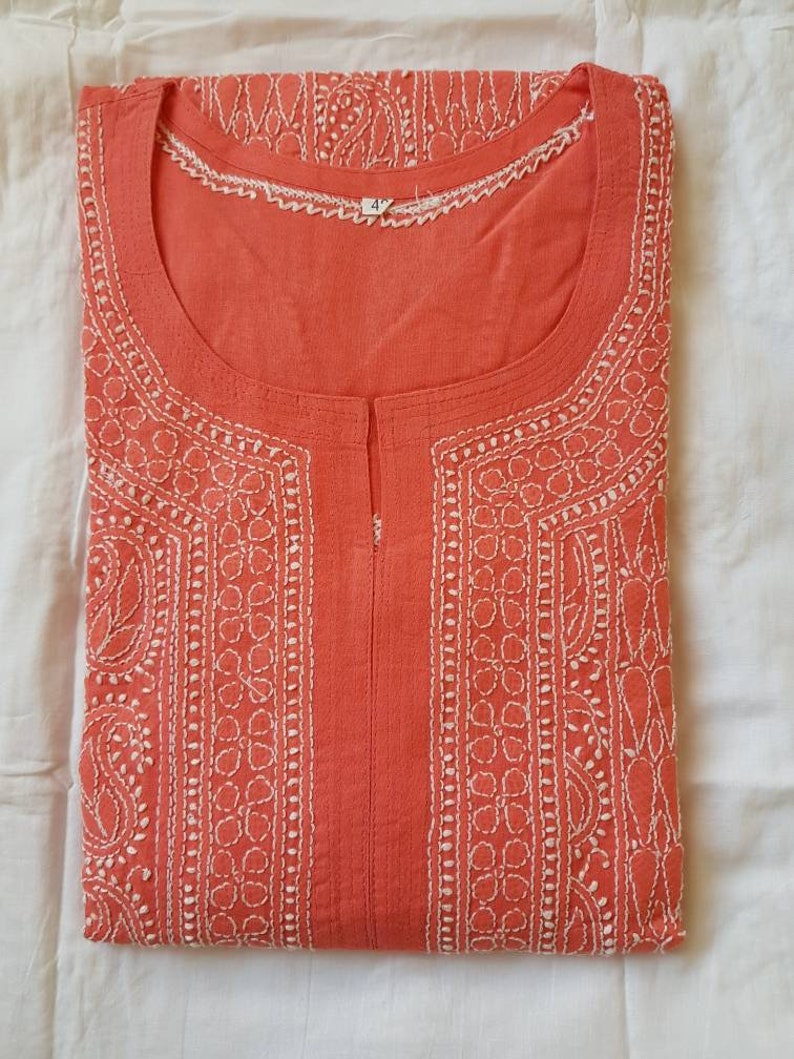 Indian Chikankari kurta tunic peach color Hand Embroidery | Etsy