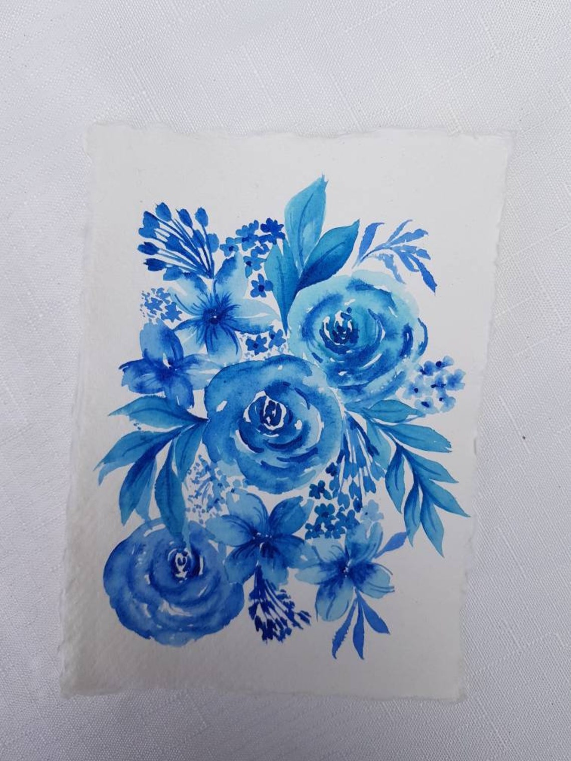 Blue Watercolor Floral Original Painting on Handmade Paper Etsy