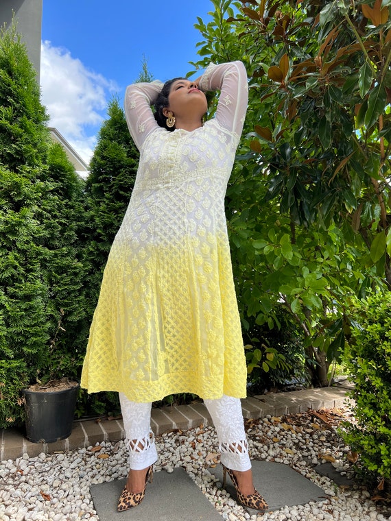 Buy Anarkali Yellow Chikankari Long Gown Lucknow Chikankari