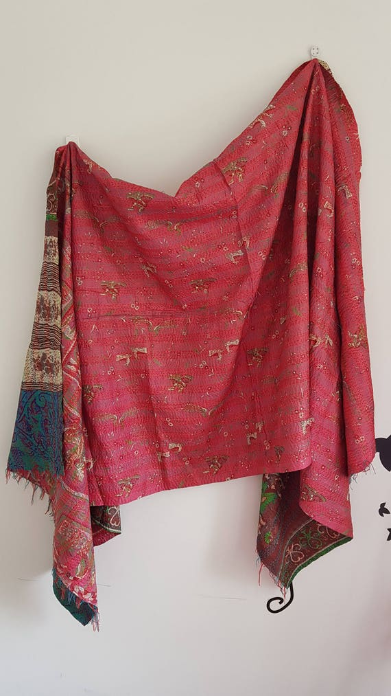 Vintage Reversible Multi Kantha Dupatta Long Scarf India Pure Silk Fabric Hijab Vintage Reversible Multi Kantha Dupatta Long Scarf India Pure Silk Fabric Hijab