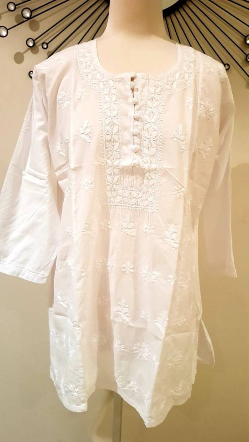 White Cotton Chikankari Short Top Kurta Tunic Lucknawi - Etsy