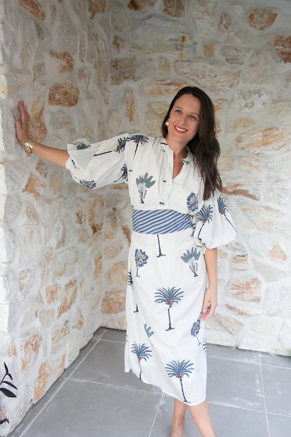 Block Print Dress, Organic Cotton Kaftan Midi Dress - Blue Leaf