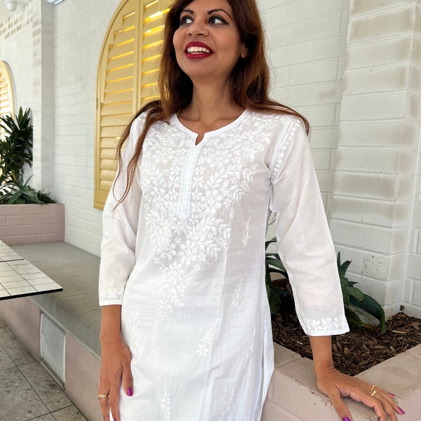 White Chikankari Long Kurta, White kaftan dress - Flora