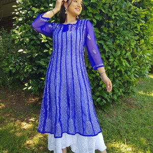 chinese dress ladies Blue Lucknowi Chikankari Rayon Partywear Gown main image 0