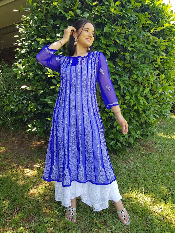 Blue Chikankari Georgette Anarkali Maxi Dress - Etsy