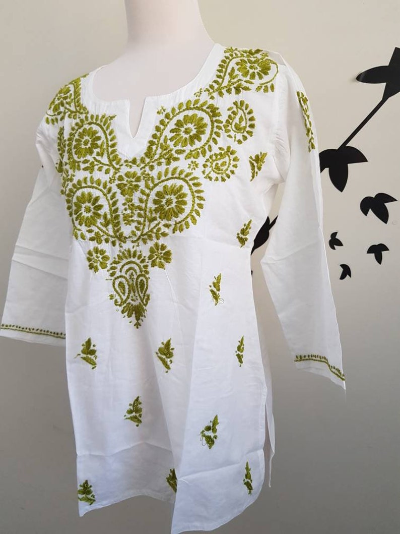 Kurta Top White Womens Chikankari Tunic Kurti with green color embroidery Indian cotton voile Kurta