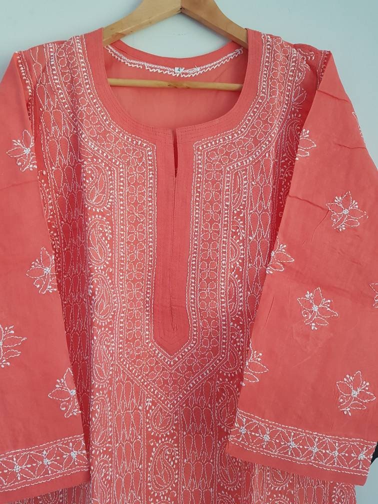 Indian Chikankari kurta tunic peach color Hand Embroidery | Etsy