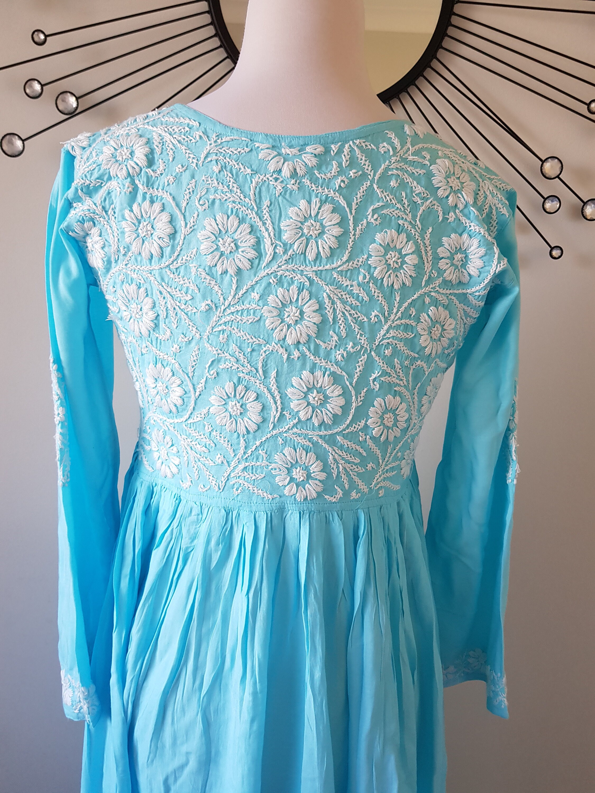 Long Chikankari Maxi dress Modal fabric Flared dress Blue | Etsy