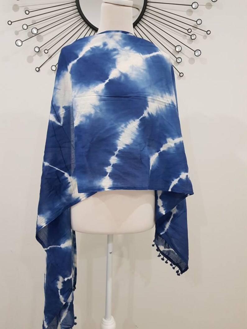 Blue - Tie-Dye Cotton Shibori Stole with Tassels 12