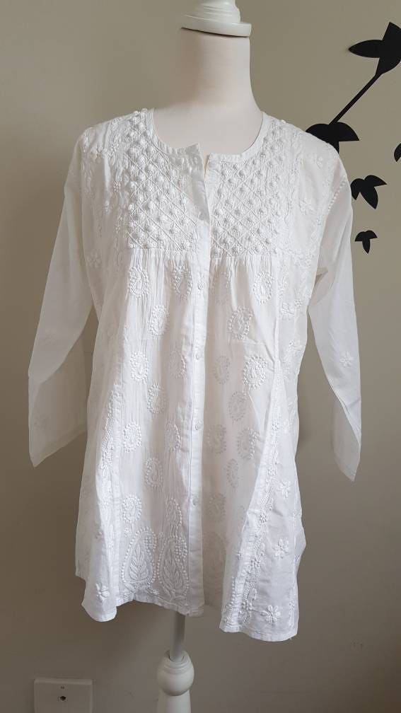 Cotton White Chikankari Kurta Tunic White Shirt Kurti With | Etsy