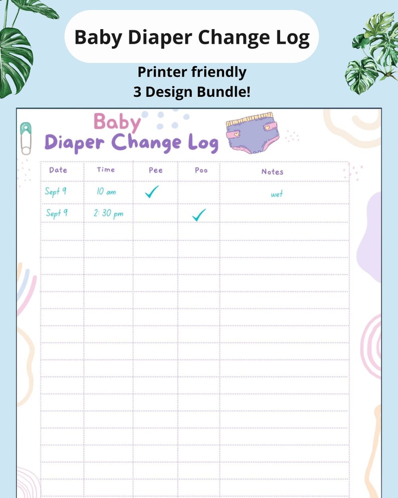 Newborn Diaper Change Log 3 Design Printable Etsy
