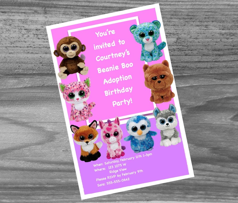Everything you need for your Beanie Boo Adoption party Custom made invitations Beanie Boo Birthday Party Kit games and adoption certs