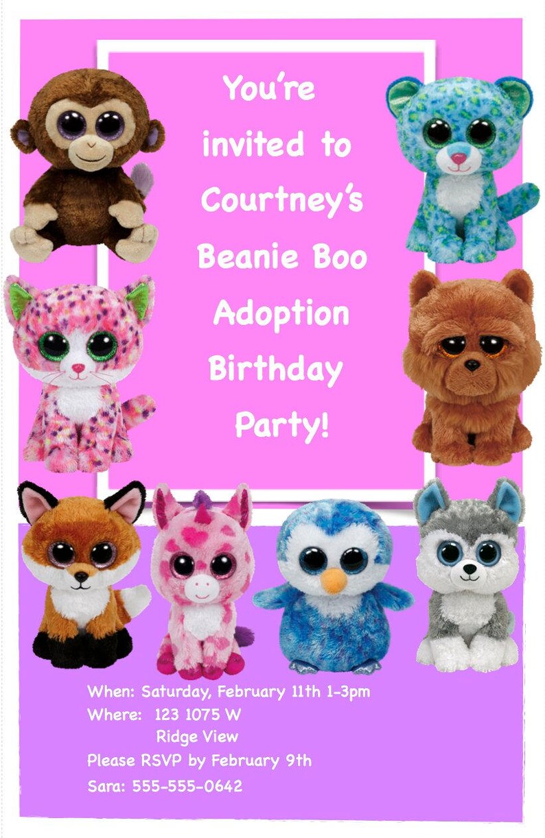 Everything you need for your Beanie Boo Adoption party Custom made invitations Beanie Boo Birthday Party Kit games and adoption certs