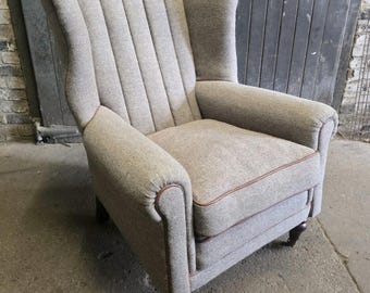 Beautiful Chesterfield Tetrad Grey Harris Tweed Wingback Chair Armchair
