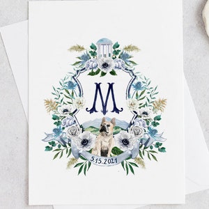 Armoiries aquarelles sur mesure Armoiries avec chien Armoiries familiales Héraldique Crête florale moderne Portrait danimal Logo de mariage Papeterie de mariage image 1