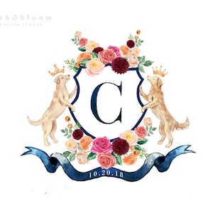 Bespoke watercolor crest Crest with dog Family crest Heraldry Modern floral crest Pet portrait Wedding logo Wedding stationery image 2