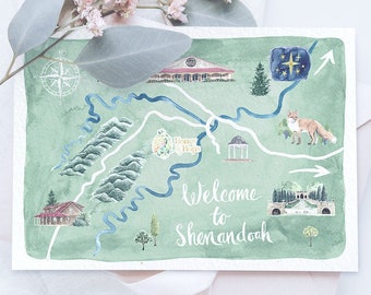 Bespoke wedding map design - Location art, Custom Map, Watercolors, Shenondoah , Directions, Personalized Wedding Map