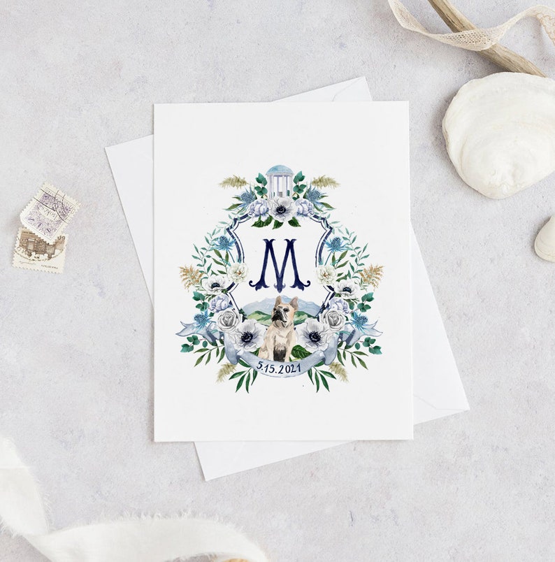 Armoiries aquarelles sur mesure Armoiries avec chien Armoiries familiales Héraldique Crête florale moderne Portrait danimal Logo de mariage Papeterie de mariage image 1