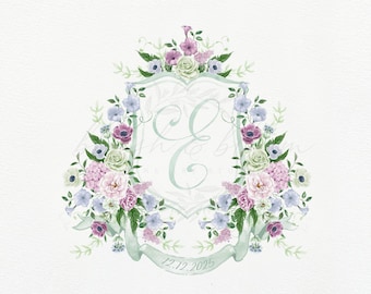 Semi-custom sage green wedding crest • Watercolor crest, Heraldry, Pastel floral crest, Pre-made, blue flower crest