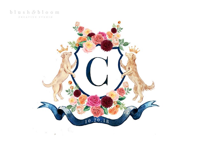 Bespoke watercolor crest Crest with dog Family crest Heraldry Modern floral crest Pet portrait Wedding logo Wedding stationery image 2