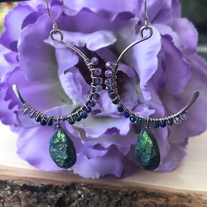 AB Labradorite Sickle Antiqued Silver Earrings – Dusk Collection