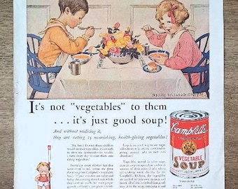 Vintage Werbung von 1931. Seite A Campbell's Gemüsesuppe (Jessie Wilcox Smith Künstlerin) Seite B - Post Toasties