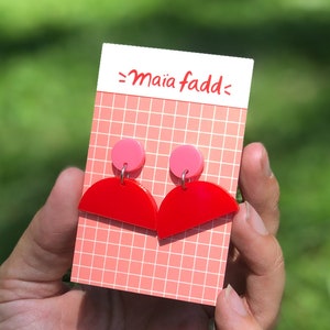 Half-Circle Acrylic Bright Colour Earrings Geometric Statement bold, Acetate solid color block earring jewelry, Memphis Lasercut Pink stud + red