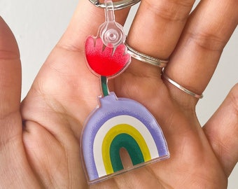 Rainbow Flower Pot Acrylic Keychain - Bright and Colorful High Quality Matte Keychain Charm