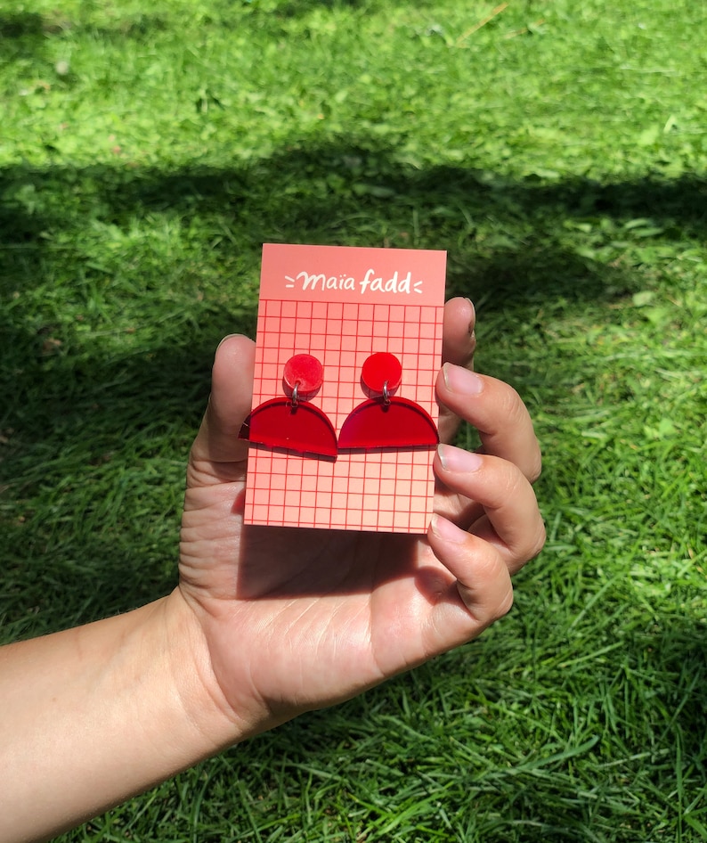 Half-Circle Acrylic Bright Colour Earrings Geometric Statement bold, Acetate solid color block earring jewelry, Memphis Lasercut Red stud