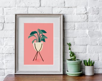 Midcentury Planter Botanical Illustration  - Art Print 5x7  Plant Botanical Giglee Print Postcard