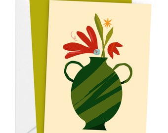 Flower Vase Illustrated Greeting Card (blank with envelope)  - Handmade, Local Montreal Art for Botanical and Plant Lover