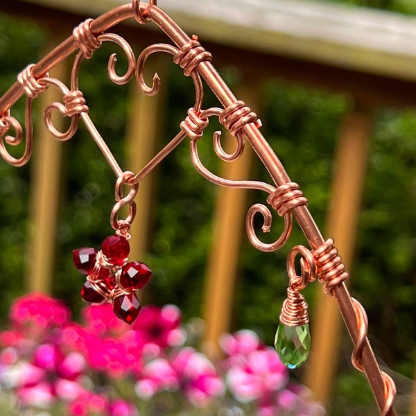 Hummingbird Swing: Ornate Copper and Crystal Heart and Swirl Bird Perch, Luxury Line