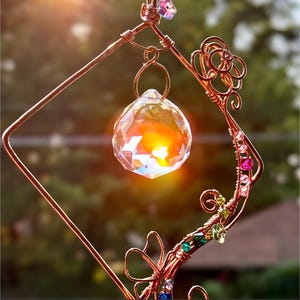 Rainbow Crystal Suncatcher – Wire Wrapped Copper Prism Decor for Window or Garden – Handmade Boho Hanging Ornament
