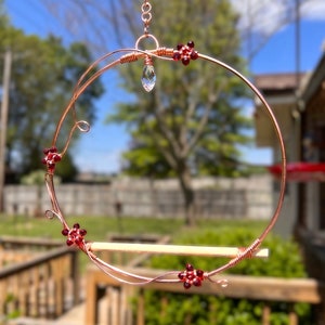 Hummingbird Swing: Whimsical garden swing for birds made of copper and crystals. Included handmade, copper chain and hook