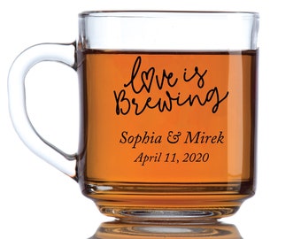 36pcs - Personalized Love is Brewing Coffee Mug, Bridal Shower Favors, Wedding Tea Theme Favors, Printed Glass Coffee Mugs - CM10OZ-EDPP287A