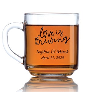36pcs - Personalized Love is Brewing Coffee Mug, Bridal Shower Favors, Wedding Tea Theme Favors, Printed Glass Coffee Mugs - CM10OZ-EDPP287A