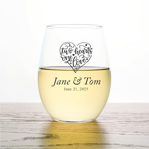 24pcs - Personalized Stemless Wine Glass 9oz - Two Hearts One Love - Wedding Stemless Wine Glasses - Favors Gifts and Ideas - EDPP224C