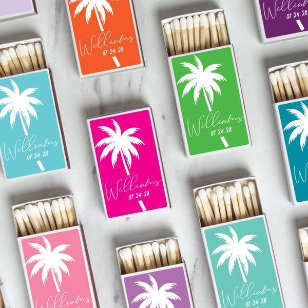 BULK SET OF 50 Personalized Wedding Shower Matches - Custom Wedding Favors and Bridal Shower Favors - Custom Party Favors - Palm Tree