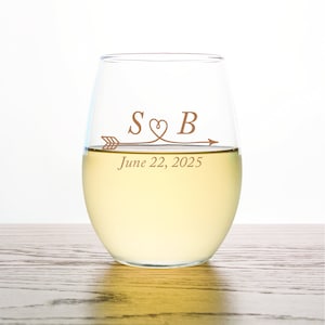 24pcs - Personalized Stemless Wine Glass 9oz - Initals with Heart Arrow Design - Wedding Favor Stemless Wine Glasses - ST9OZ-EDPP250A