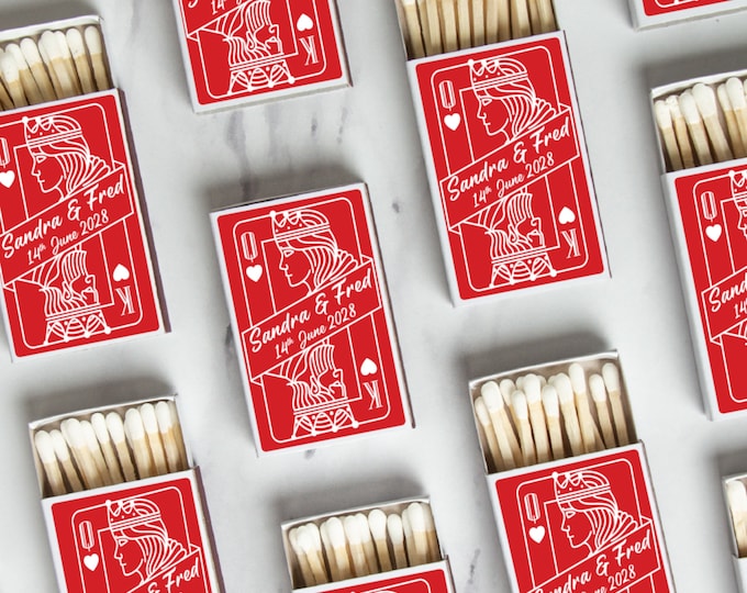 BULK SET OF 50 Personalized Wedding Shower Matches - Custom Wedding Favors and Bridal Shower - Custom Party Favor - King and Queen of Hearts