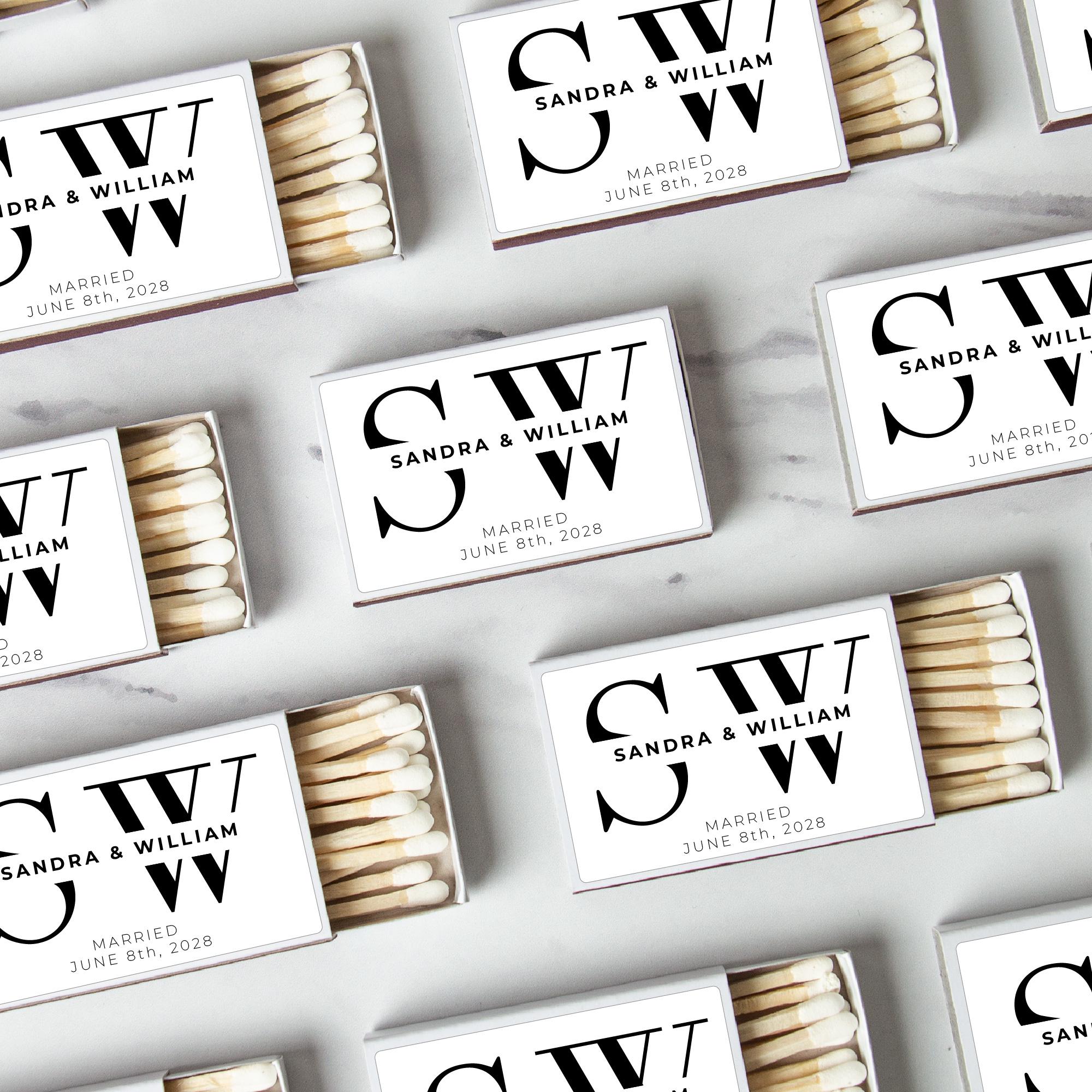 BULK SET OF 50 Personalized Wedding Monogram Matches - Monogram Initials - Custom Wedding Favors and Bridal Shower - Modern Monogram Design