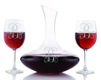 Engraved Slanted Top Wine Decanter with 12oz Wine Glass Set - Fancy Motif Monogram Design - ARCD2142-ED201966