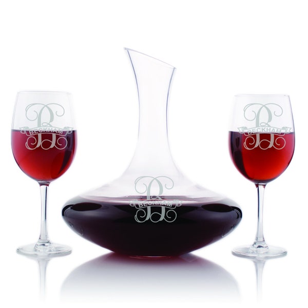 Engraved Slanted Top Wine Decanter with 12oz Wine Glass Set - Fancy Motif Monogram Design - ARCD2142-ED201966