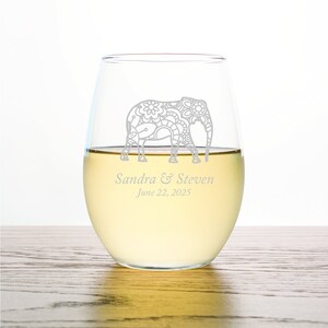 24pcs - Personalized Stemless Wine Glass 9oz - Good Fortune Elephant - Wedding Stemless Wine Glasses - Party Favor Gifts - ST9OZ-EDPP255B