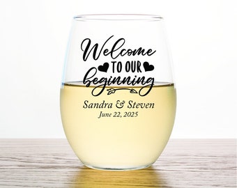 60pcs - Personalized Stemless Wine Glass 9oz - Welcome to Our Begining - Wedding Favors - Party Favor Custom Gifts - ST9OZ-EDPP257A