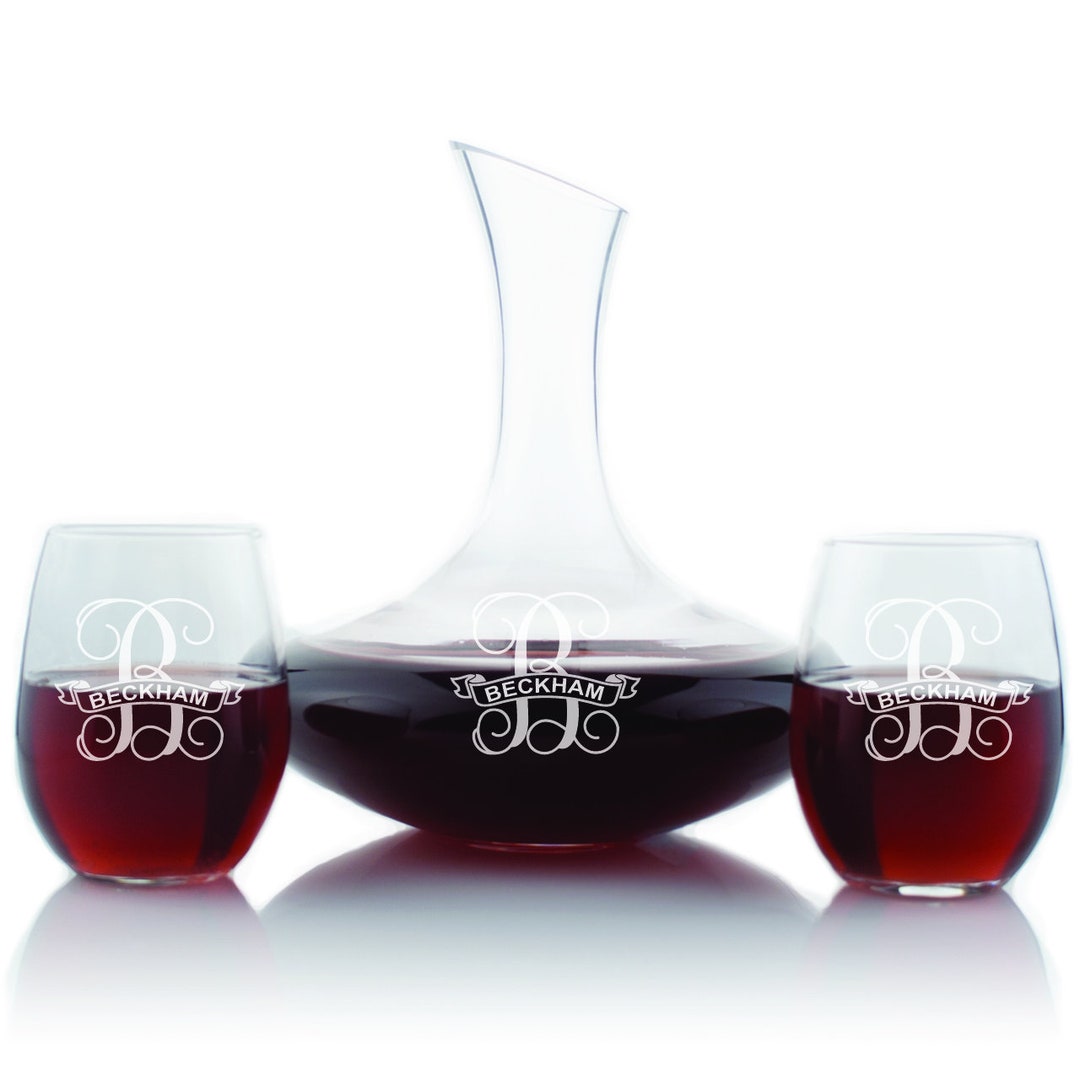 Engraved Slanted Top Wine Decanter With 15oz Stemless Wine Glass Set