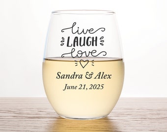 36pcs - Personalized Stemless Wine Glass 9oz - Live Laugh Love Motif - Wedding Favors, Personalized Drinking Glass, Wedding Party Glasses
